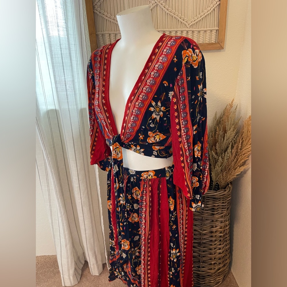 Band Of Gypsie Bohemian Two Piece Set Navy & Rust Skirt and Tie Front Blouse
